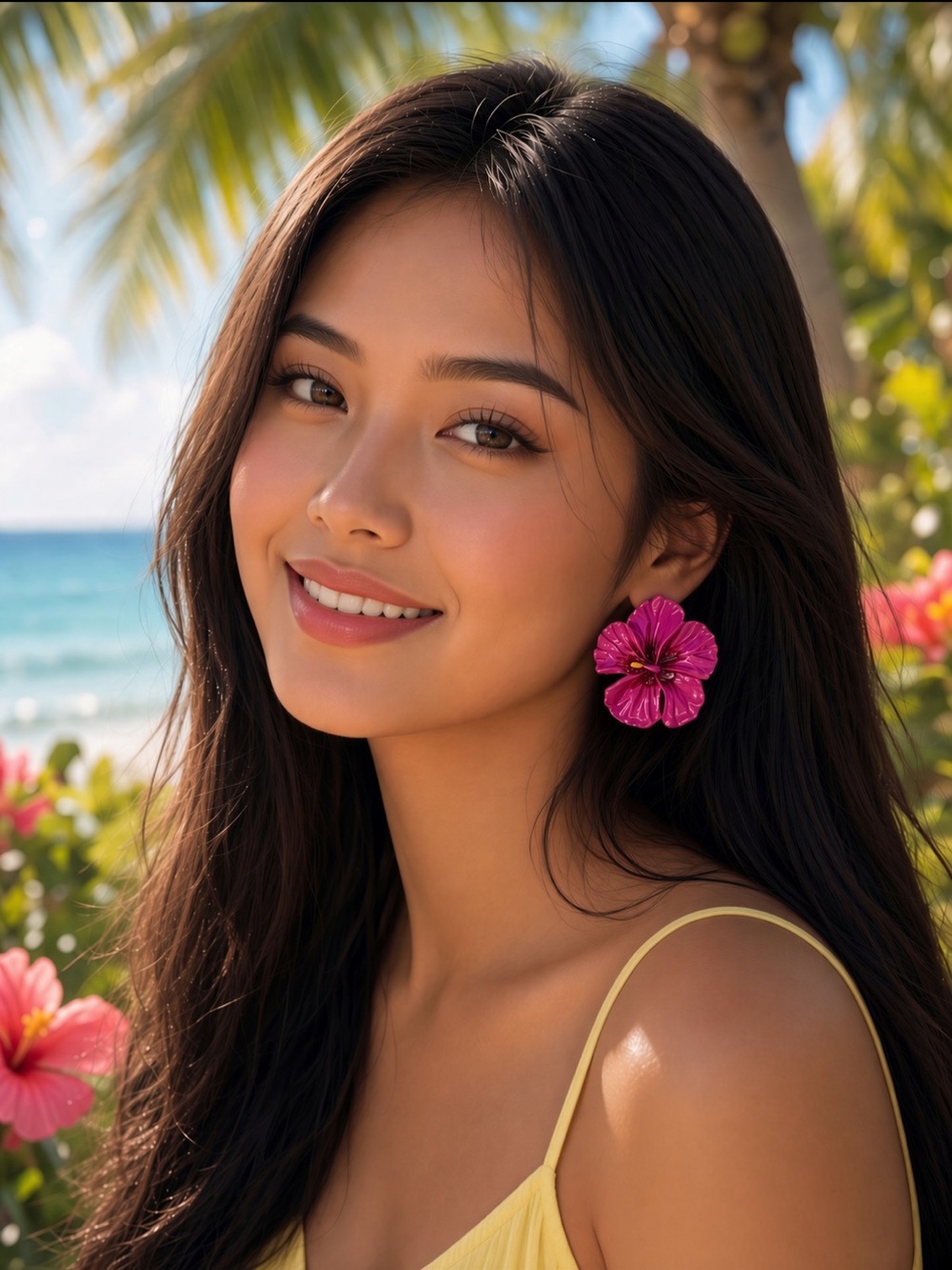 Tropical Hibiscus Bright Fuchsia Floral Statement Earrings